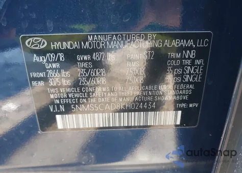 2019 Hyundai Santa Fe Limited из США, поврежденный, VIN 5NMS5CAD8KH024434